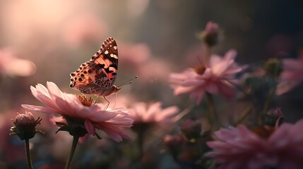 A butterfly rests gently on a pink flower, surrounded by the softness of naturea??s beauty and the warmth of the sunlight.