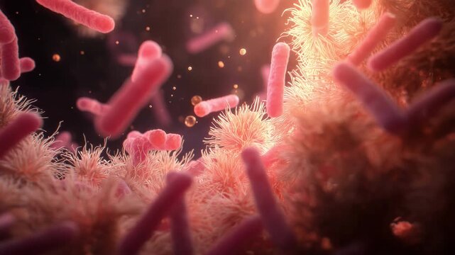 Glowing gut microbiome &mdash; microscopic journey among rod-shaped bacteria breaking down dietary fiber