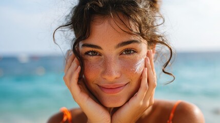 beautiful young woman at beach applying sunscreen on face and looking at camera beauty latin girl applying suntan lotion at sea portrait of happy woman with healthy skin applying sunblock on cheek no