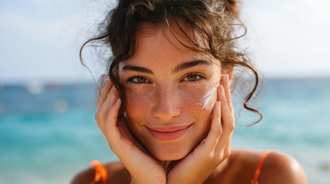 beautiful young woman at beach applying sunscreen on face and looking at camera beauty latin girl applying suntan lotion at sea portrait of happy woman with healthy skin applying sunblock on cheek no - Powered by Adobe