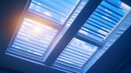 Obraz premium Skylight blue sky with window, blinds, and sunlight.