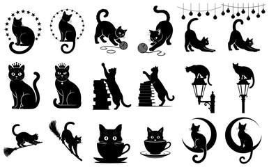 Black cat silhouette, isolated white background
