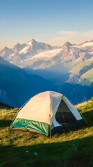 Camping Tent in Majestic Mountain Landscape Sunrise Scenery