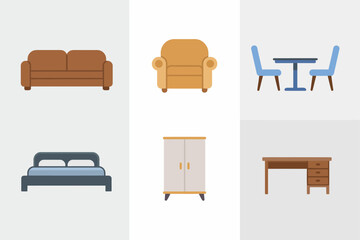 Fototapeta premium Contemporary home furniture icons, velvet sofa lounge chair dining table bed wardrobe, living room and bedroom vector, interior design asset