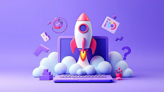 Startup rocket launching from laptop screen concept of business and technology growth with data visualization elements on purple background