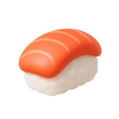 Sushi nigiri with salmon on rice, 3D render. Soft cartoon style with smooth textures. Isolated on white background.