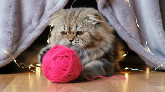Fluffy tabby cat playing with bright pink yarn on a wooden floor under a grey blanket with fairy lights