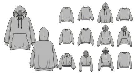 Vector illustration of various grey hoodie and sweatshirt designs