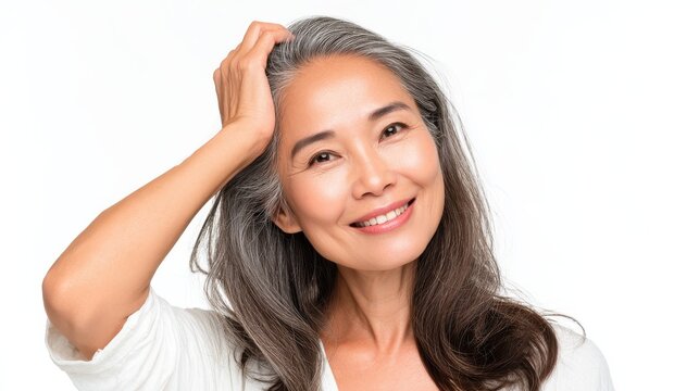 portrait of gorgeous happy middle aged mature cheerful asian woman senior older 50s lady pampering her face eyes closed isolated on white ads of lifting anti wrinkle skin care spa copy space no logos