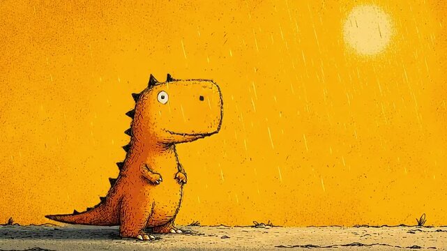 Cute Cartoon Dinosaur in the Rain &ndash; Adorable Orange Dino Illustration with Sunny Background