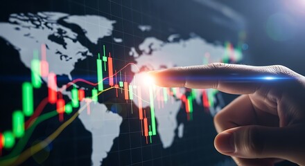 Global financial markets analysis finger interacting with digital stock candlestick charts overlaying world map