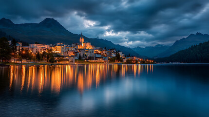 Fototapeta premium Illuminated town nestled by a calm lake reflecting warm lights against dark mountains and cloudy sky