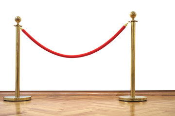 Golden barrier with red rope seamless line on the wooden floor, white background. Isolated