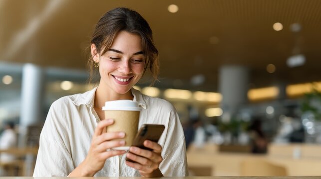 young beautiful woman holding coffee paper cup and looking at smartphone while sitting at cafeteria happy university student girl using mobile phone businesswoman drinking coffee and smiling no logos - Powered by Adobe