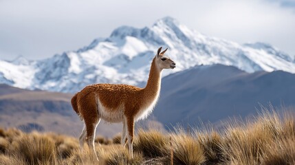 Vicua standing calmly in the Andes highlands with snow capped peaks behind it