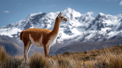 Vicua standing calmly in the Andes highlands with snow capped peaks behind it