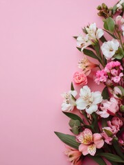Naklejka premium banner with flowers on light pink background greeting card template for wedding mothers or womans day springtime composition with copy space flat lay style