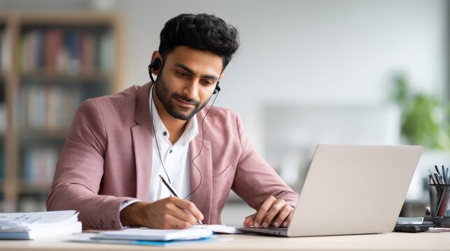 young indian businessman entrepreneur using computer working online doing research taking notes watching business training webinar in office having virtual chat meeting looking at laptop at work no l