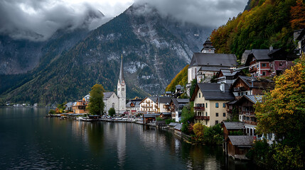Lakeside village nestled against misty mountains with autumn foliage image