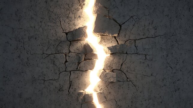Light breaking through a cracked stone wall.