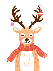 Cute Christmas reindeer with large antlers decorated with hanging baubles. Festive winter holiday illustration in pastel colors. Cozy seasonal design for greeting cards and decor. Vector on white.