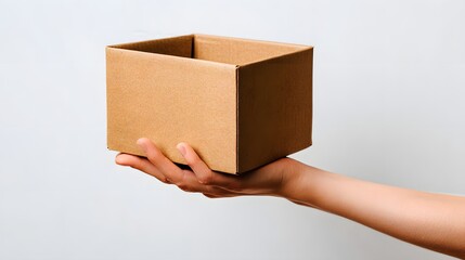 Female Hand Holding Open Cardboard Box Isolated on White Background