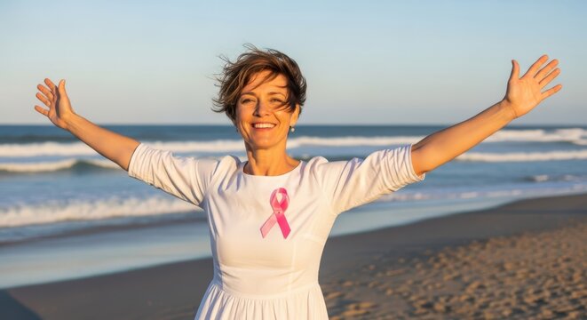 Woman embracing life on beach with breast cancer awareness ribbon proudly