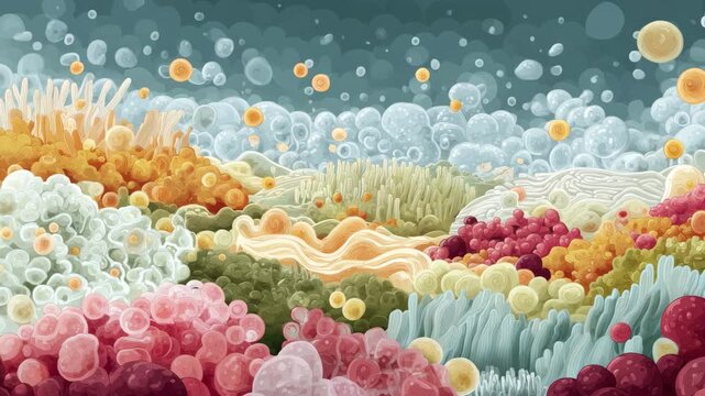 Vibrant microbial reef time-lapse &mdash; slow dolly-in across a bubbling, coral-like biofilm landscape