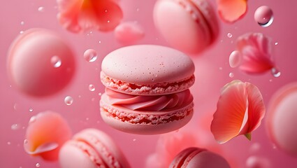 Obraz premium A delightful arrangement of pink macaroons and delicate flower petals creates a visually stunning and mouthwatering composition, perfect for confectionery enthusiasts