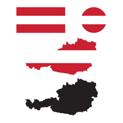 austria national flag and map silhouette set with emblem in rectangular and circular icon formats