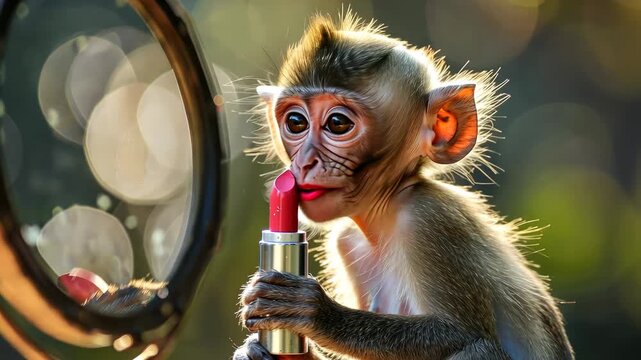A curious monkey explores and applies pink lipstick while looking into a reflective surface in a lush outdoor environment