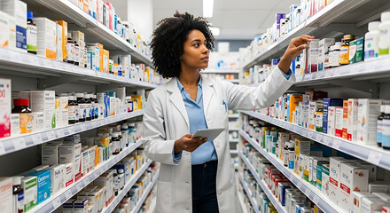 Photo of pharmacist checking medicine on shelf in pharmacy store