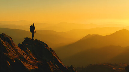 Lone hiker silhouetted against golden mountain layers at sunrise backpack mountains