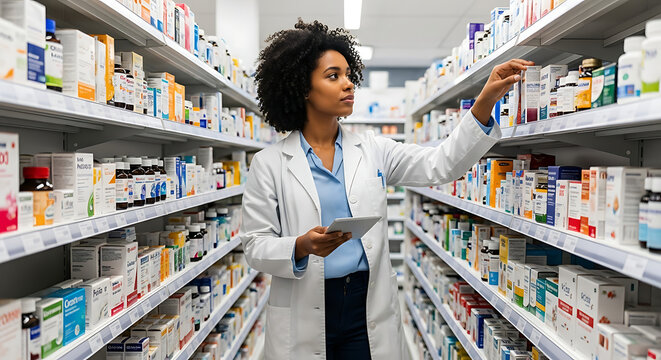 Photo of pharmacist checking medicine on shelf in pharmacy store - Powered by Adobe