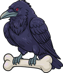 Black raven with red eyes, perched on bone, detailed feathers, curved beak, eerie theme, nature and macabre, vector illustration