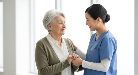 Photo of young nurse taking care of senior woman patient