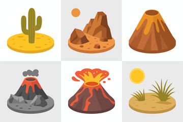 Desert volcano and lava field icons, scorched earth crater vector, volcanic geology illustration, survival game asset, outdoor adventure poster