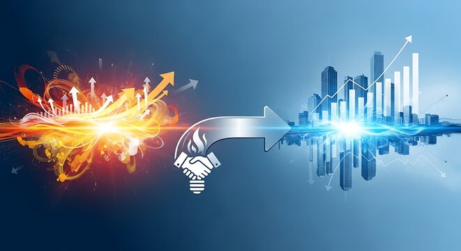 Dynamic business growth partnership sparks innovation and success with glowing upward trends