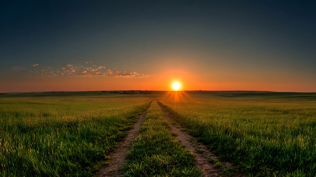 Golden sun setting over vast green field with dirt path sunset golden hour