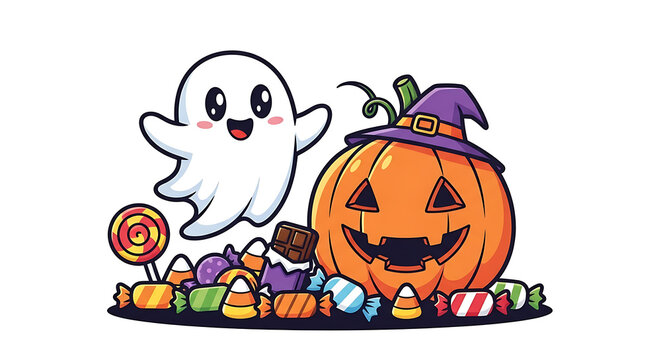 A cartoon halloween scene with a ghost pumpkin and candy on a white background illustration