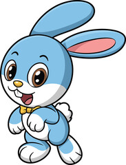 Cartoon blue rabbit character, yellow bow tie, playful running pose, cheerful smile, white belly, vector illustration, cute animal design