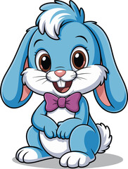 Cartoon blue rabbit, cute bunny character, cheerful animal illustration, purple bow tie, smiling pet drawing, adorable vector art design