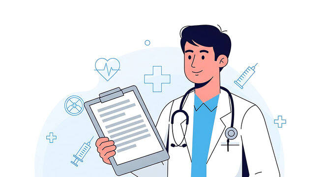 A cartoon doctor holding a clipboard with medical icons floating in the background illustration style