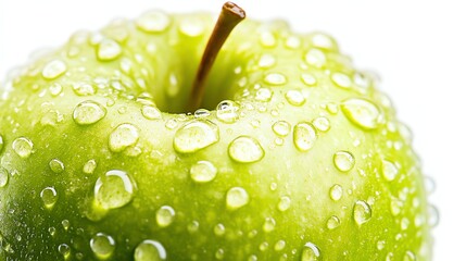 A glistening green apple with a single water droplet is shown in a detailed, close-up shot.