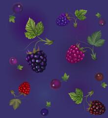 Seamless tile pattern with different berries blackberries raspberries currants
on a dark blue background