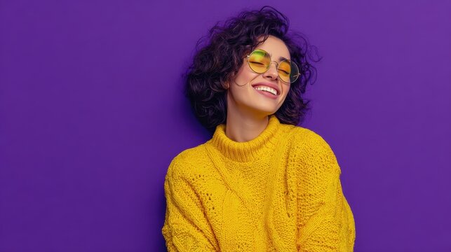 isolated portrait of happy woman has toothy smile closes eyes feels pleasure from good compliment wears glasses and yellow jumper stands over purple wall positive emotions and feelings concept no log