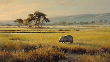 Wombat walking slowly across an Australian meadow with golden grass and a soft breeze