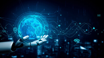 A futuristic robot hand extends toward a glowing digital globe, surrounded by technology icons and data visualization, symbolizing innovation and global connectivity. Xenic