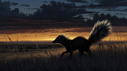 Zorilla scurrying across African grasslands at twilight with a raised fluffy tail and glowing horizon