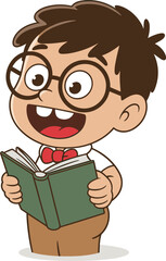Cartoon boy character, glasses, dark hair, red bow tie, white shirt, brown pants, holding book, reading, excited expression, vector illustration